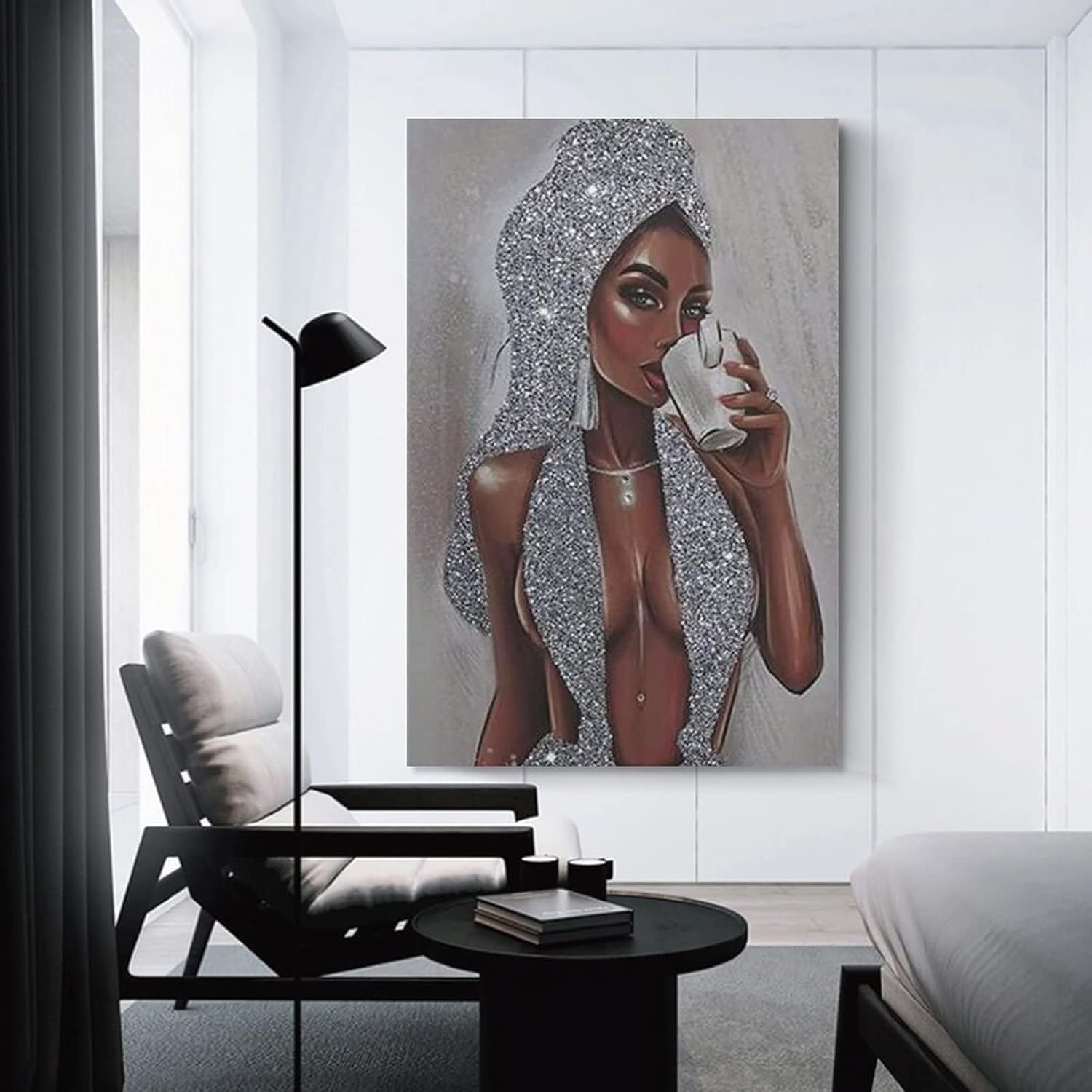 Pósteres afroamericanos con purpurina negra y plateada, arte de pared de niña negra, pósteres e impresiones artísticas de pared para sala de estar,