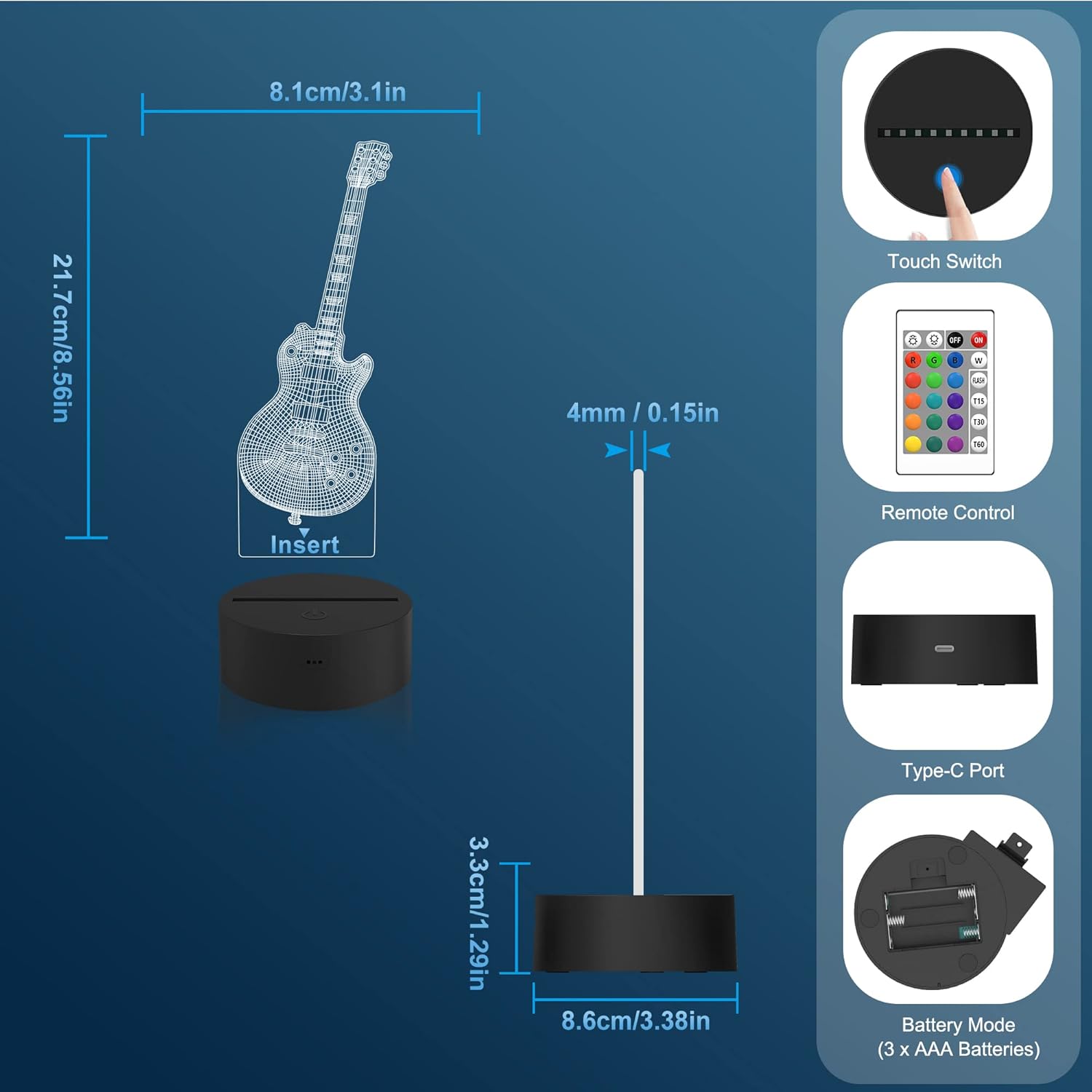 Attivolife Lámpara de guitarra de regalo para guitarra eléctrica, luz nocturna 3D con control remoto + temporizador, lámpara de escritorio que