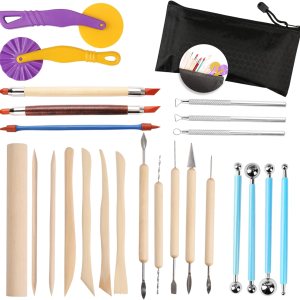 Juego de 25 herramientas para esculpir arcilla polimérica de cerámica con mango de madera tallado de doble extremo para manualidades de cerámica, Juego de 25 herramientas para esculpir arcilla polimérica de cerámica con mango de madera tallado de doble extremo para manualidades de cerámica,