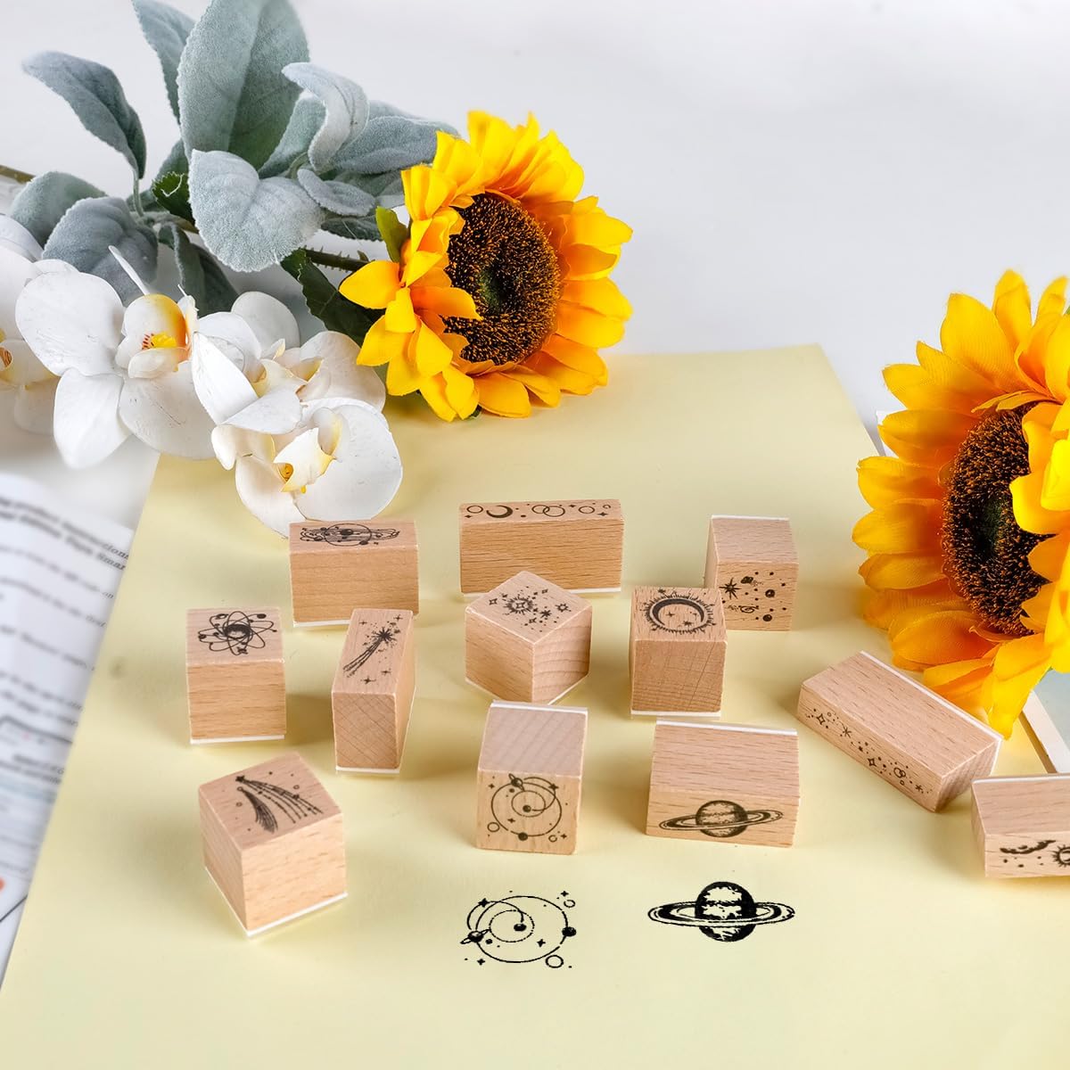 Sello de goma con patrones de plantas de madera, juego de sellos de goma de madera decorativos estrellados para manualidades, tarjetas, álbumes de