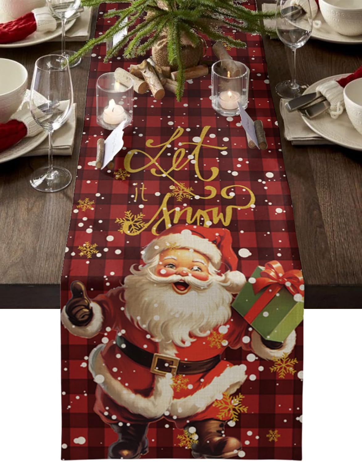 Camino de mesa de Navidad de Papá Noel con regalo, clásico rojo y negro, a cuadros, bufandas de cocina, comedor, caminos de mesa para interiores y
