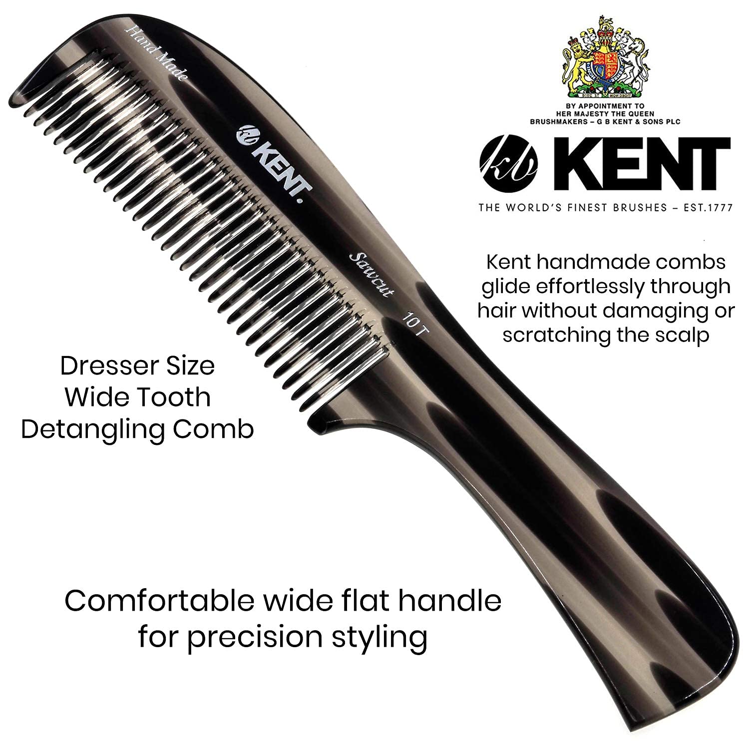 Kent Peine de dientes anchos grandes de grafito y carey 10T  Peine desenredante de cabello  peine de dientes anchos para cabello rizado  Peines para