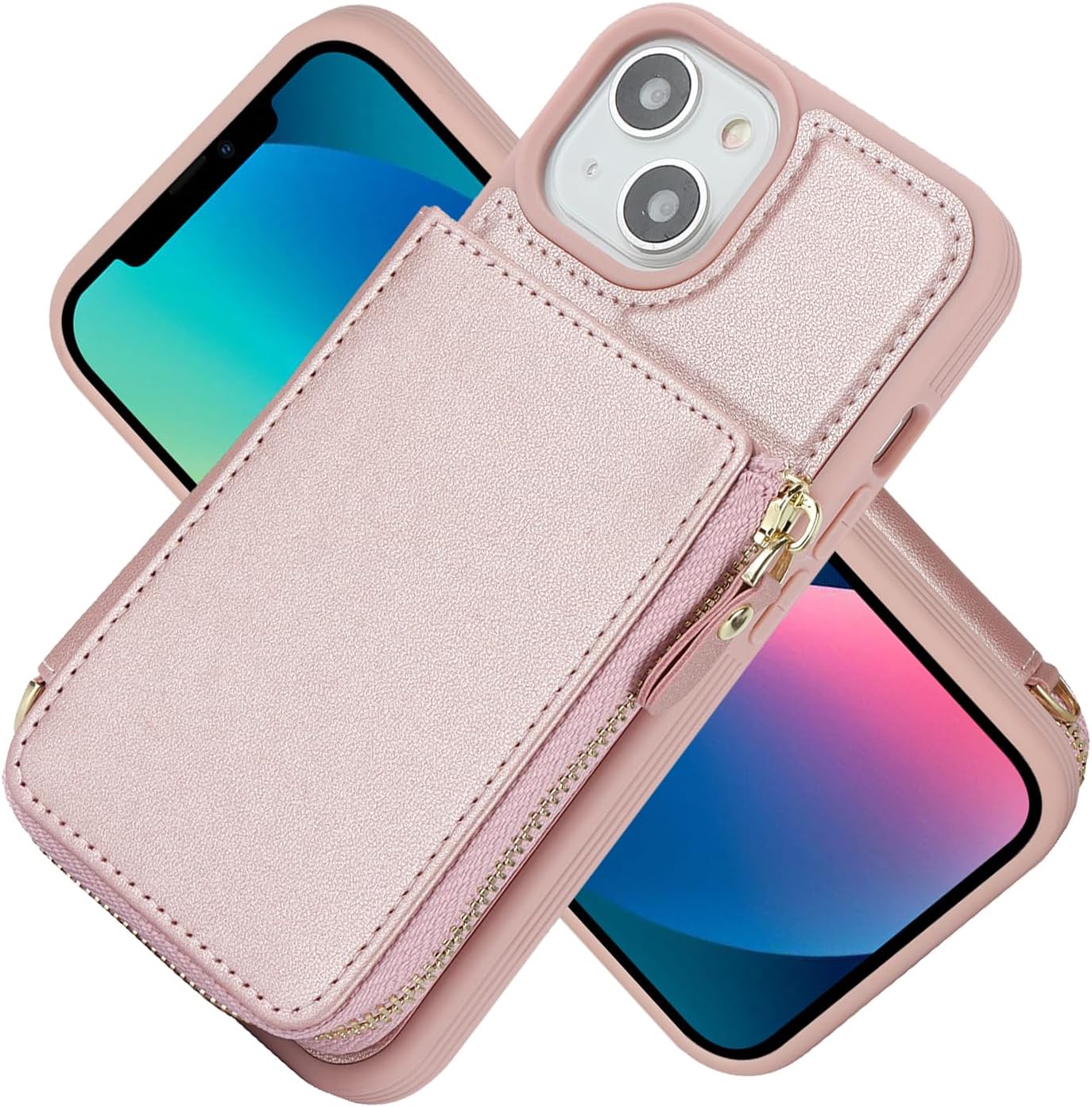 Funda para iPhone 14 Plus con tarjetero para iPhone 14 Plus, funda tipo cartera para mujer, funda con cremallera y cordón para bolsillo para