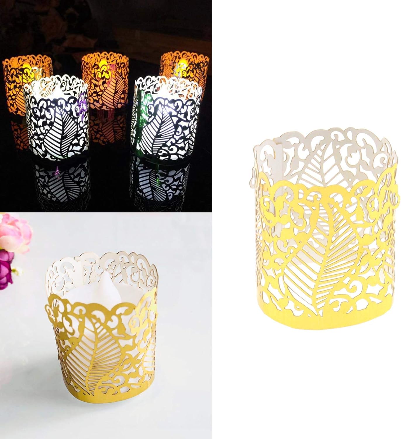 50 piezas láser hueco pantalla LED velas electrónicas luces alrededor de papel encaje para centros de mesa votivos boda fiesta de cumpleaños baby