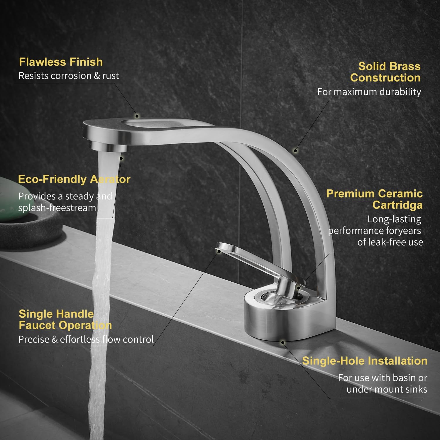 Elegante grifo de lavabo de baño de un solo agujero, níquel cepillado hueco para fregadero de tocador de latón sólido, grifo de lavabo de una sola