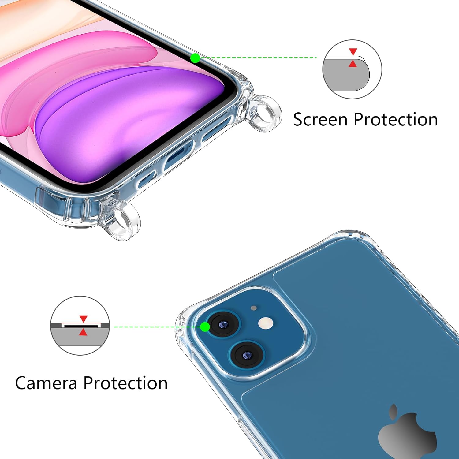 ZTOFERA Compatible con iPhone 12iPhone 12 Pro, funda transparente con cordón ajustable, TPU suave y delgada, a prueba de golpes, funda cruzada para