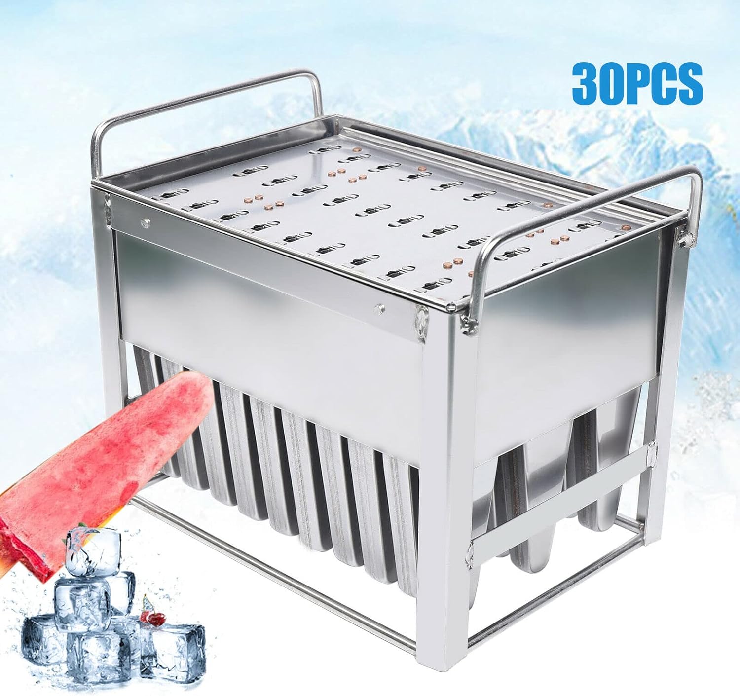 PIOJNYEN Moldes de paletas de acero inoxidable, 30 moldes para paletas de hielo, hechos a mano, con soporte para palillos, para hacer paletas de