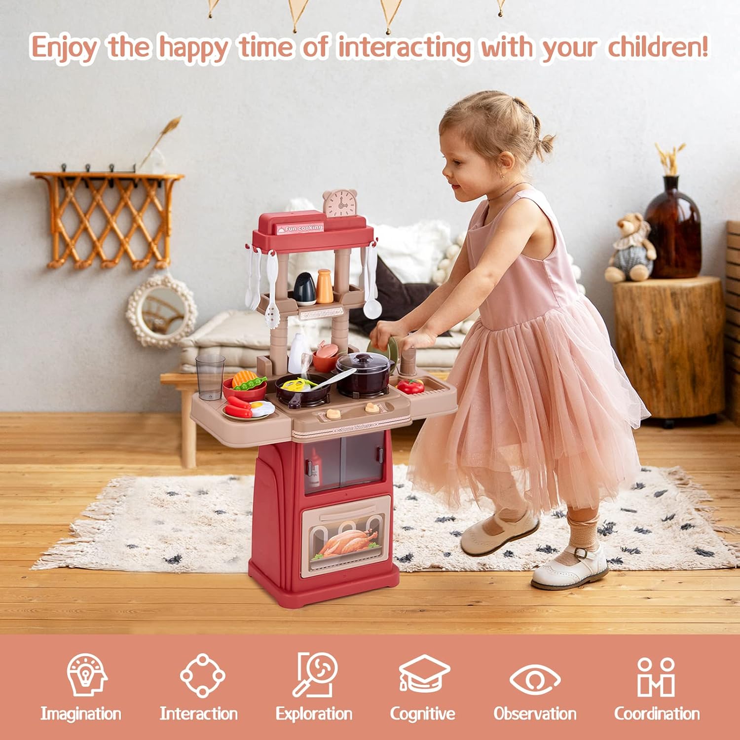 Juego de cocina para niños, 47 piezas de juguetes de cocina de 25 pulgadas para niños pequeños, juego de accesorios de juguete con sonidos y luces