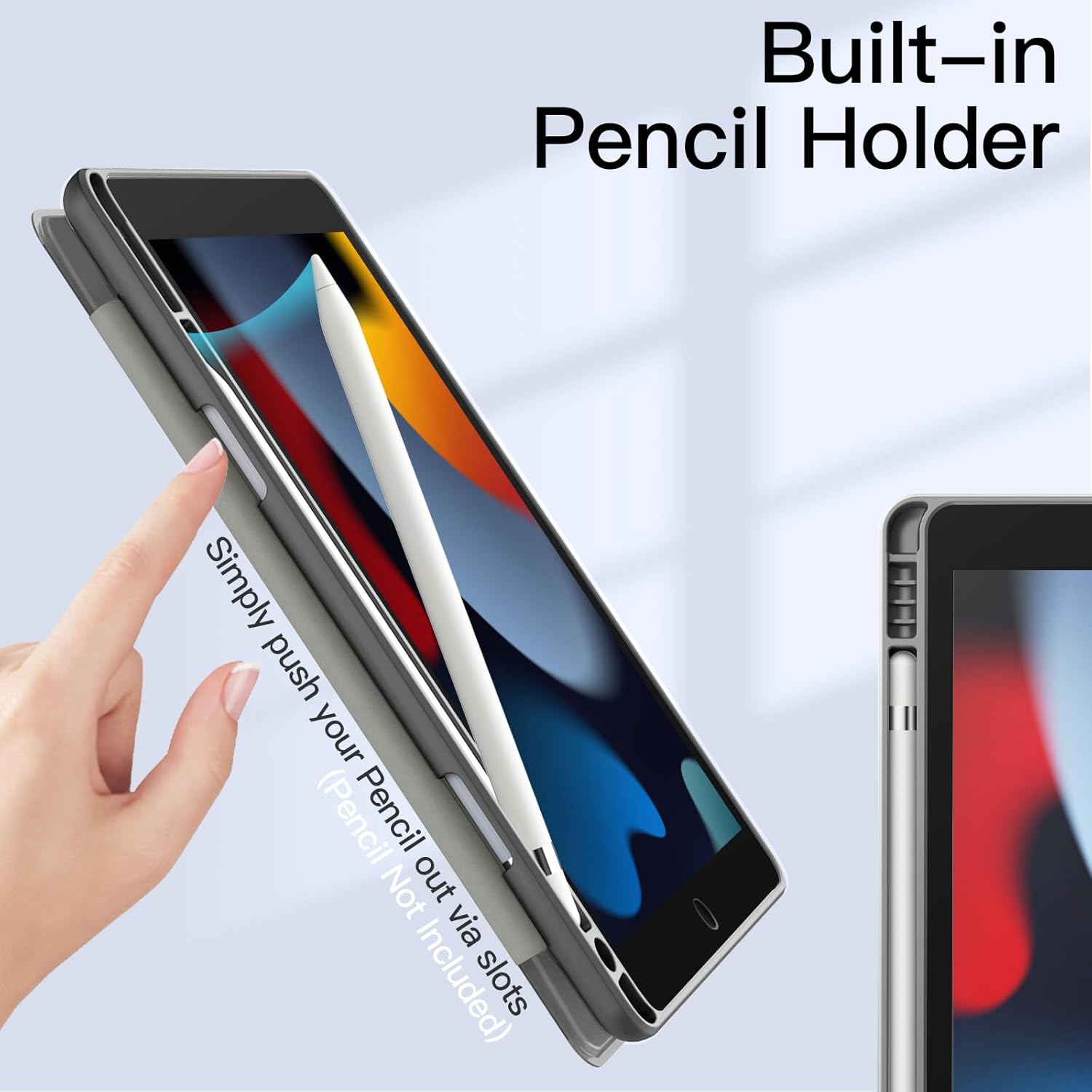 JETech Funda para iPad de 10.2 pulgadas (987 generación, 202120202019) con soporte para lápices, carcasa trasera transparente, soporte delgado, a