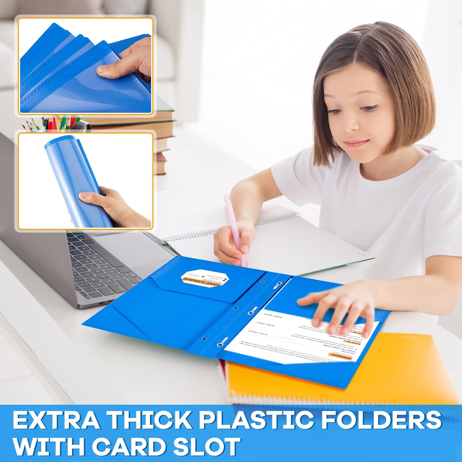 Henoyso Carpetas de plástico con 2 bolsillos, 100 unidades, con bolsillo frontal transparente con puntas, carpetas de 3 puntas con bolsillos,