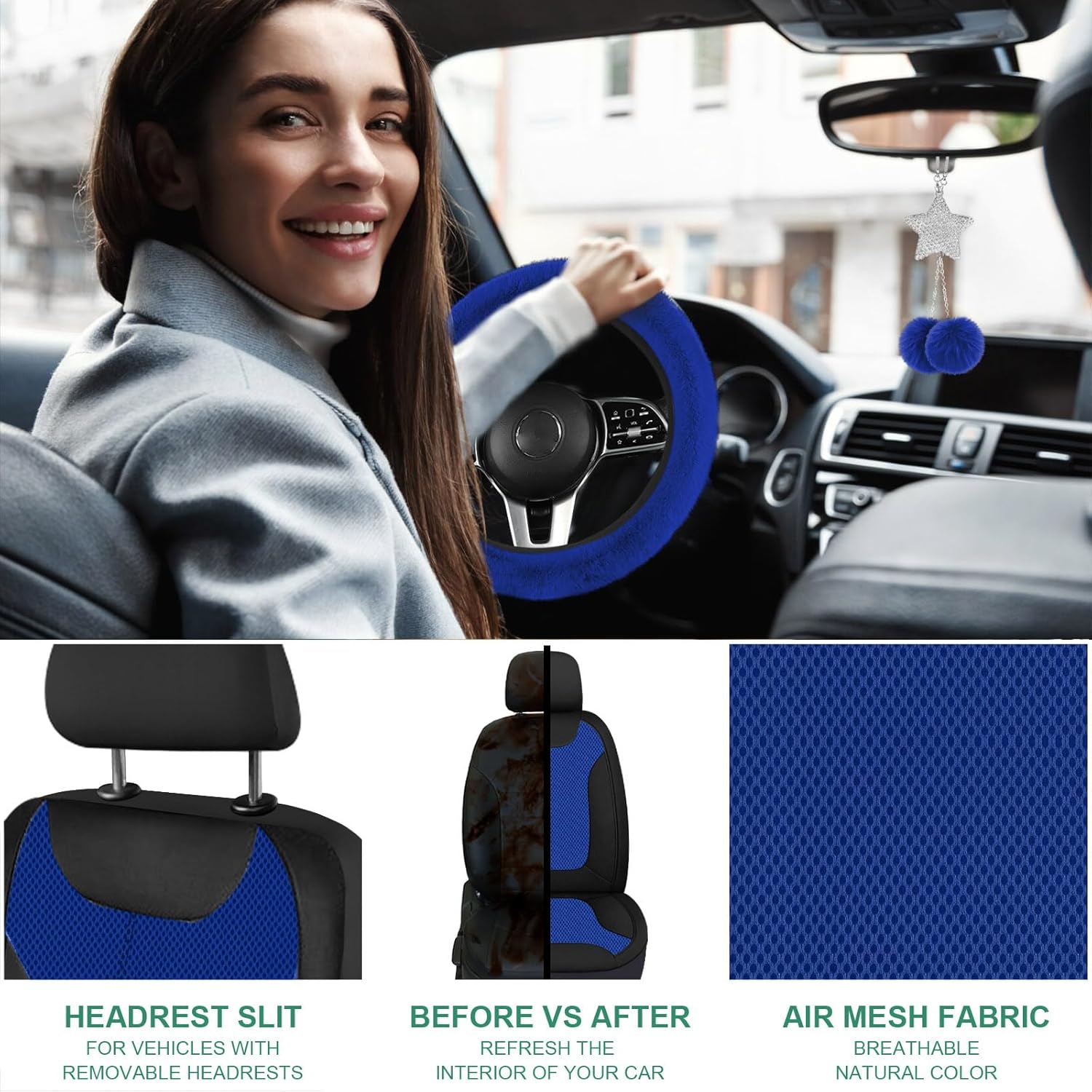 JINGSEN Juego completo de 17 fundas de asiento de automóvil 3D de malla de aire 3D para mujer, esponja compuesta de 0.197 in, paño de malla de aire