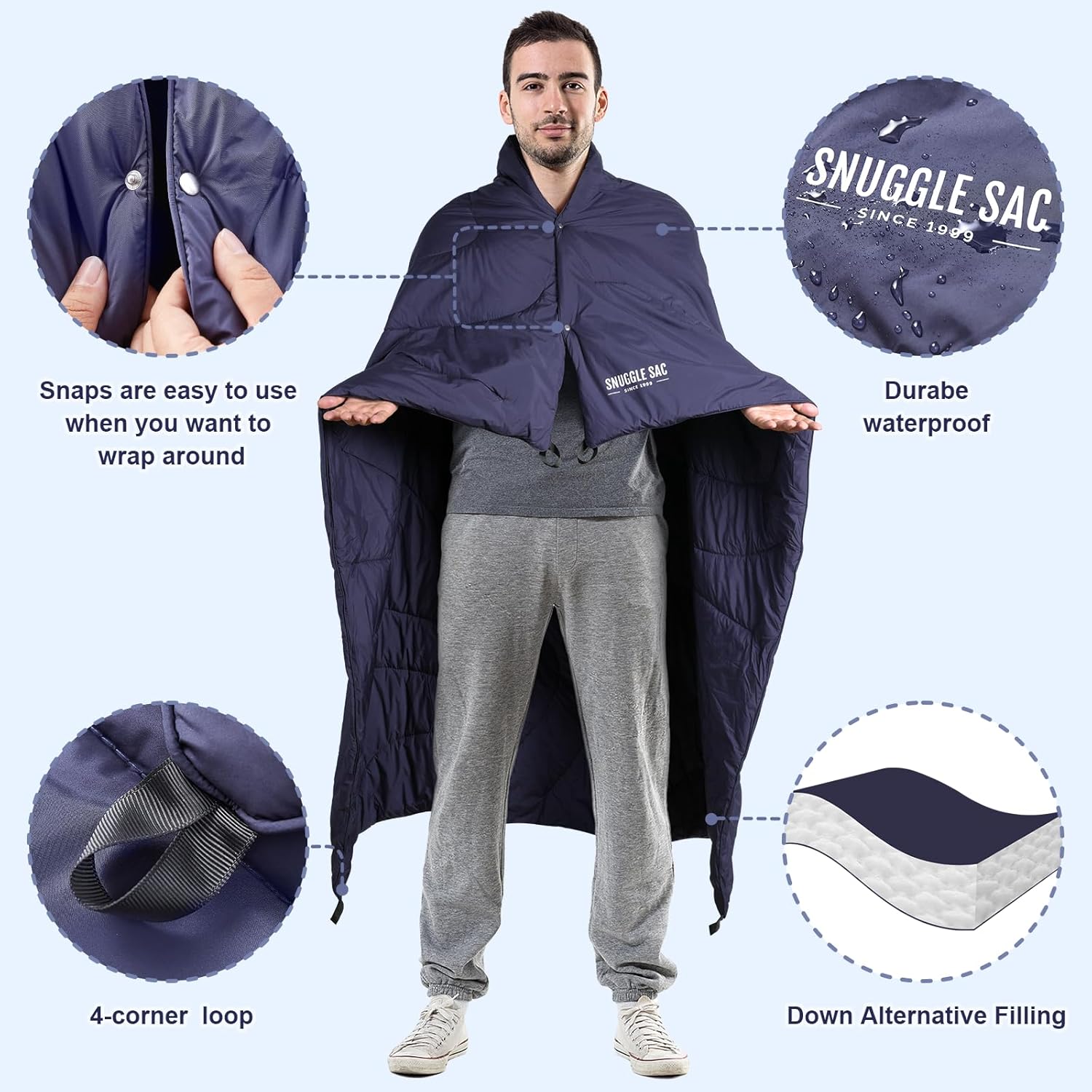 Snuggle Sac Manta de campamento para exteriores, plegable, impermeable, cálida, para senderismo, estadio, ligera, compacta, para viajes, playa,