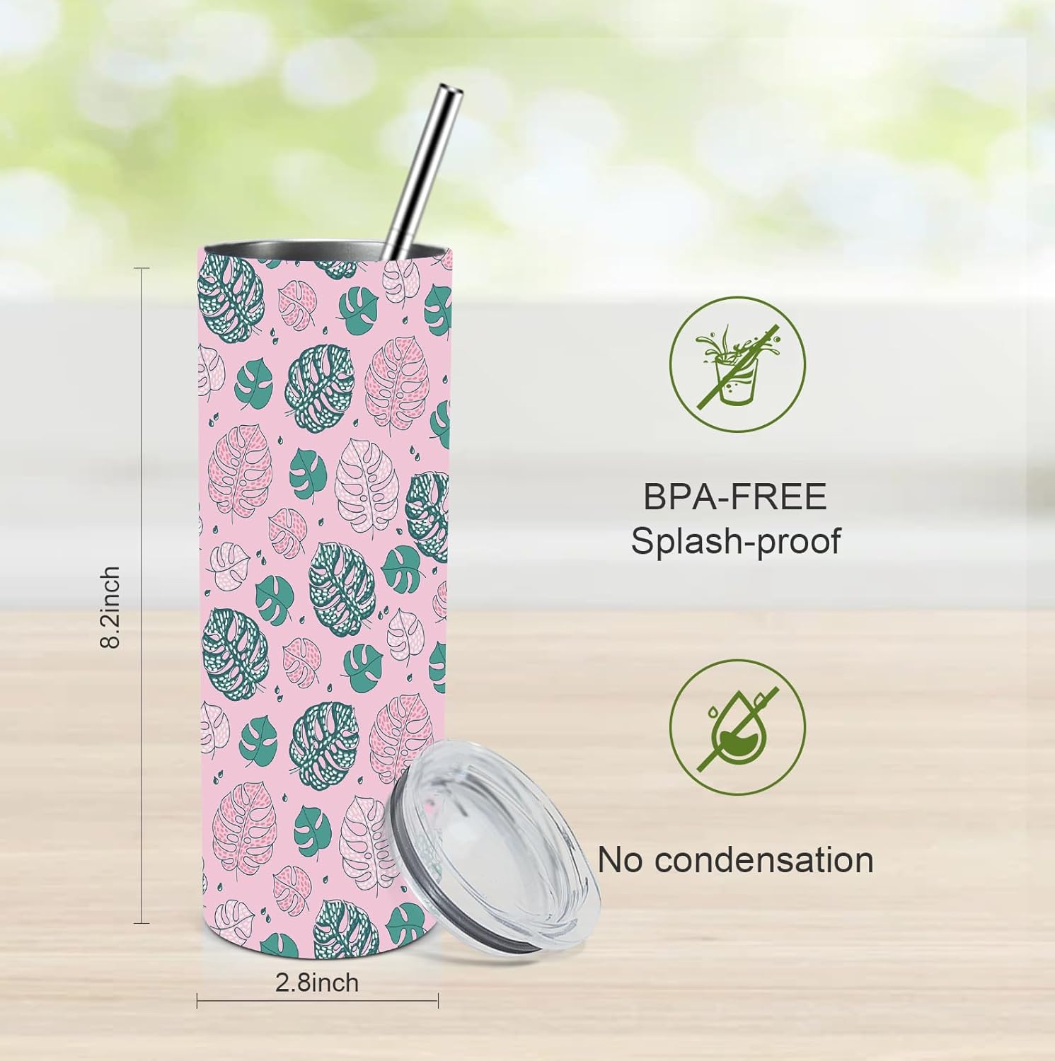 Maravilloso Vaso térmico de hojas de plantas tropicales con tapa y pajilla, 20 onzas, vaso térmico de acero inoxidable para agua, botella de viaje,
