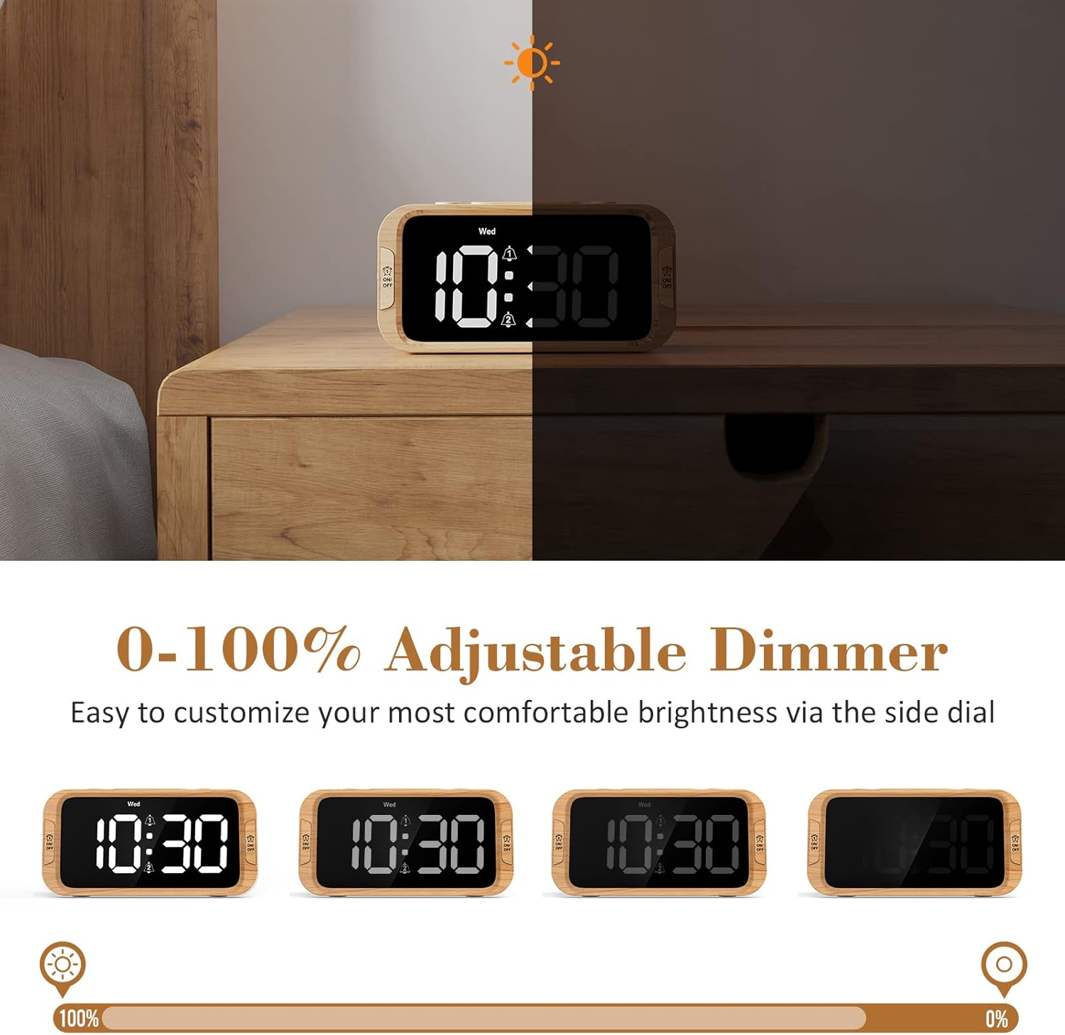 Reloj despertador digital dual para dormitorio, 0-100% atenuador, modo día de semanafin de semana, fácil de configurar, cargador USB, volumen de