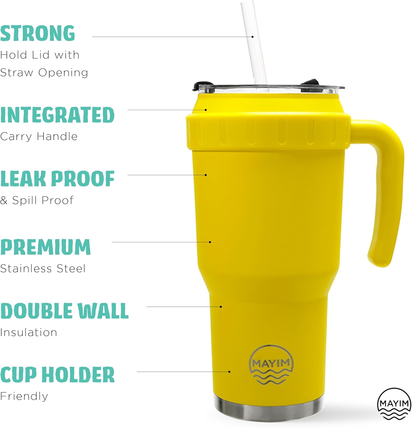 Mayim Vaso de 40 onzas con asa, taza de café de viaje o botella de agua aislada con popote y tapa, termo de doble pared de acero inoxidable a prueba
