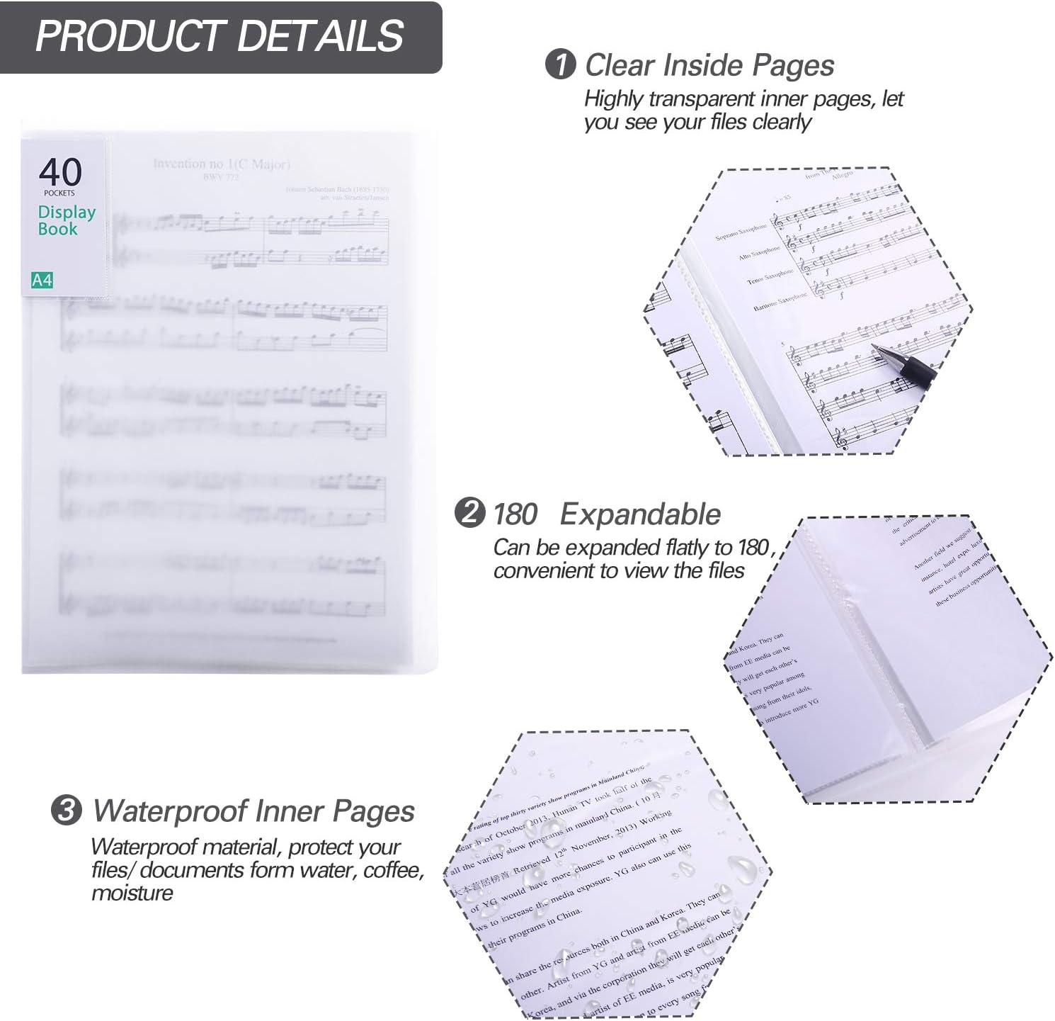 Carpeta de archivos de plástico con 60 bolsillos, portafolio, fundas transparentes, organizador de documentos para hojas de música, ilustraciones