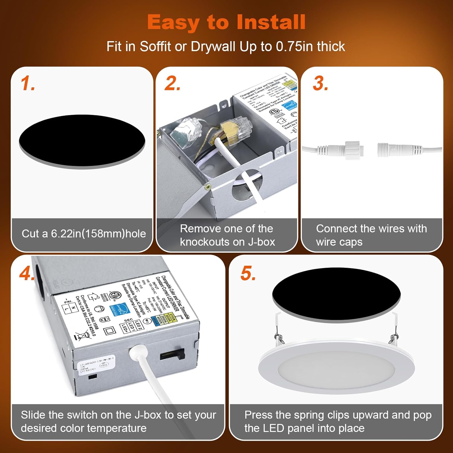 Canless – Iluminación LED empotrable de 6 pulgadas, paquete de 6 luces empotrables ultrafinas de 5CCT con modo de luz nocturna, 12 W, 1100 lúmenes,