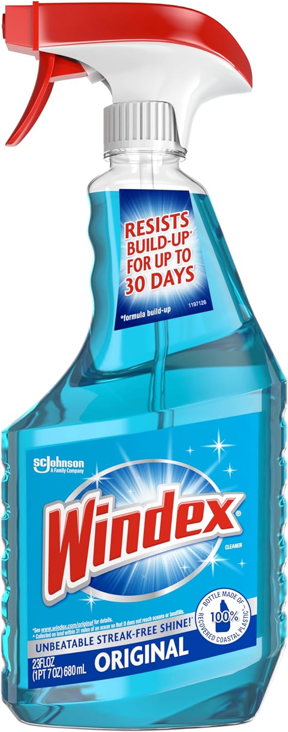 Windex Botella de spray limpiador de vidrio y ventanas, nuevo embalaje diseñado para evitar fugas y roturas, color azul original, 23 onzas líquidas