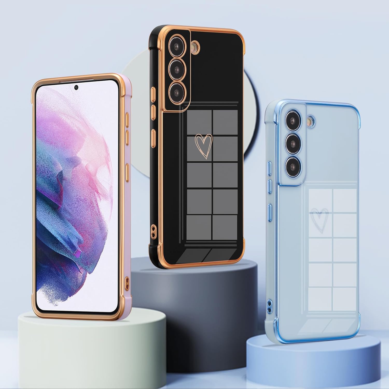 ZTOFERA Funda diseñada para Samsung Galaxy S21 Plus 5G, bonito borde chapado con patrón de corazones de amor con protección para lente de cámara,