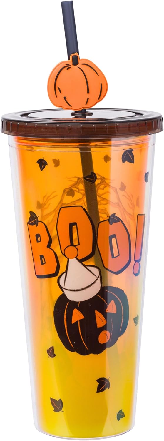 Silver Buffalo Disney Winnie the Pooh Spooky Witch – Taza fría de plástico con tapa y adorno de popote festivo Jack-O’-Lantern, 24 onzas
