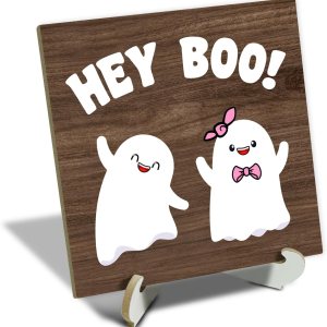 Hey Boo – Letrero de madera para decoración de mesa de Halloween, letrero de madera de fantasma de granja con soporte, bandeja escalonada, Hey Boo – Letrero de madera para decoración de mesa de Halloween, letrero de madera de fantasma de granja con soporte, bandeja escalonada,