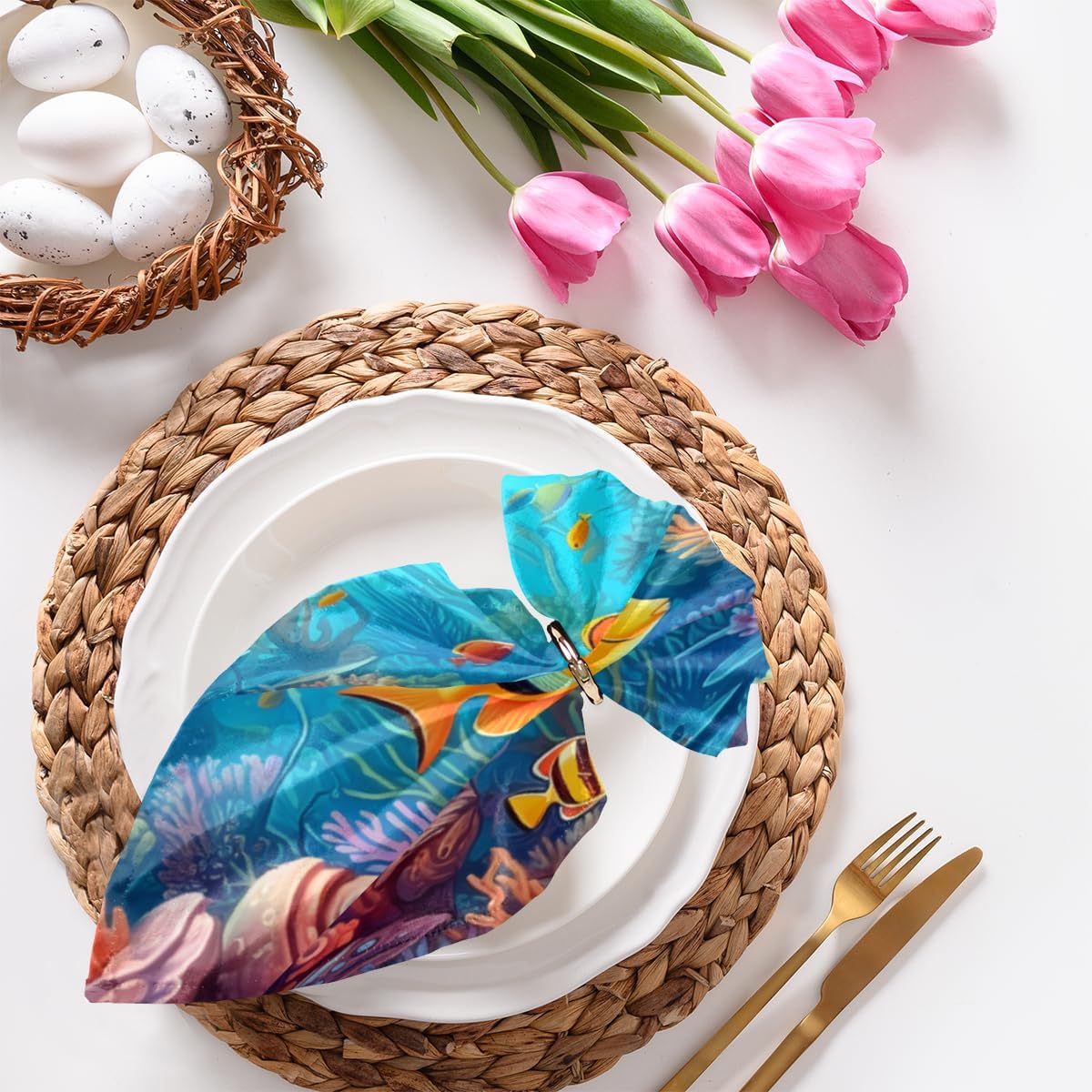 Cloth Napkins Set of 6 Tropical Fish 20×20 Inch Cloth Napkins Underwater World Coral Washable Reusable Kitchen Dinner Napkins Table Decor for