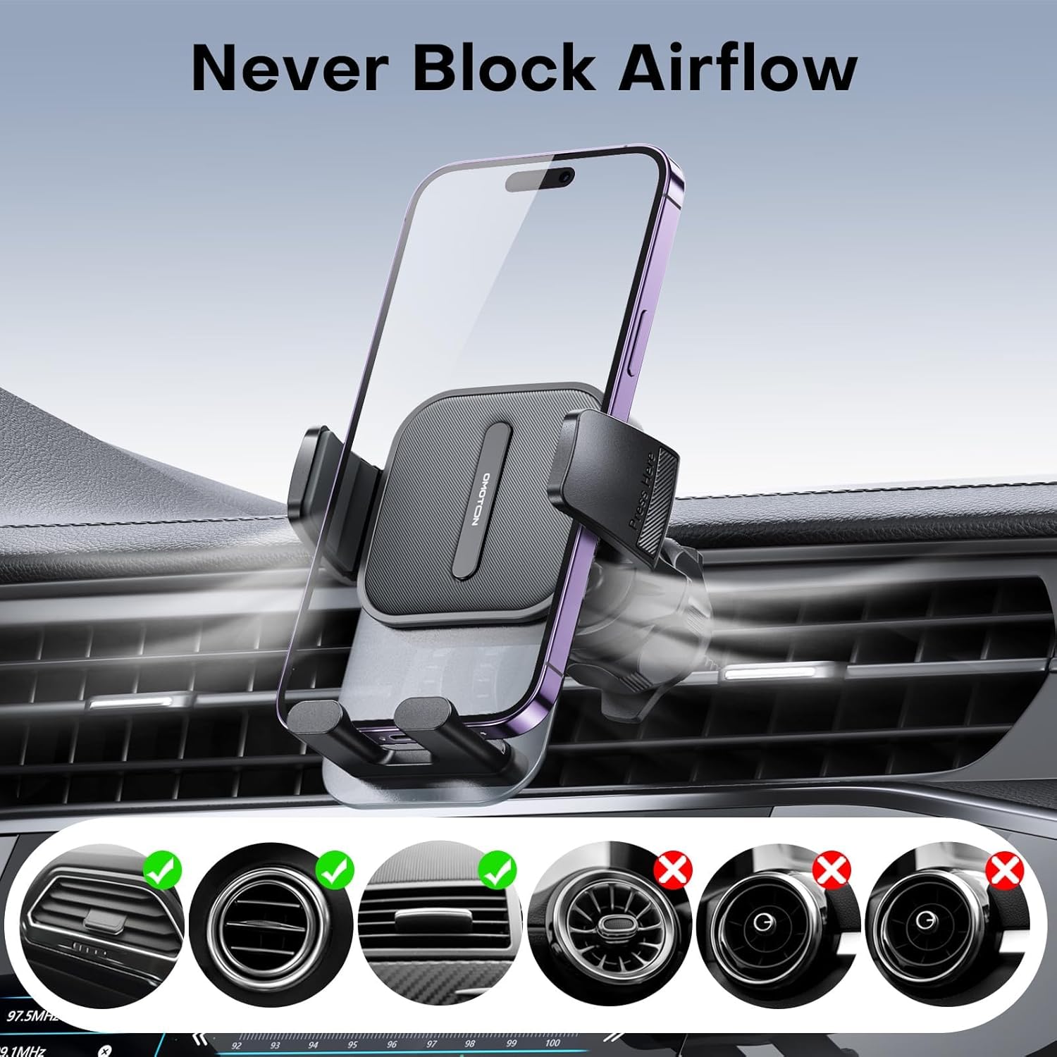 OMOTON Soporte de teléfono para ventilación de automóvil, gancho de metal de resorte, manos libres y súper estable, compatible con iPhone, Samsung,