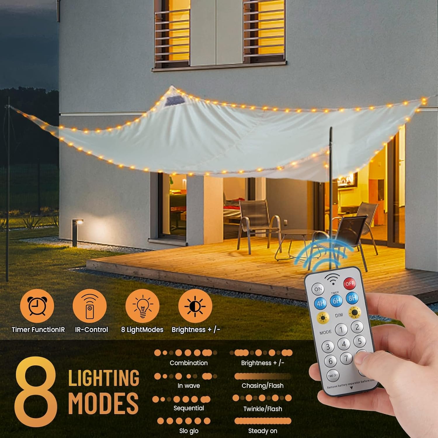 Toldo LED impermeable de 10 x 11.5 pies, LED integrado, 8 modos de parpadeo, 98% de protección UV, adecuado para patio, jardín, estacionamiento