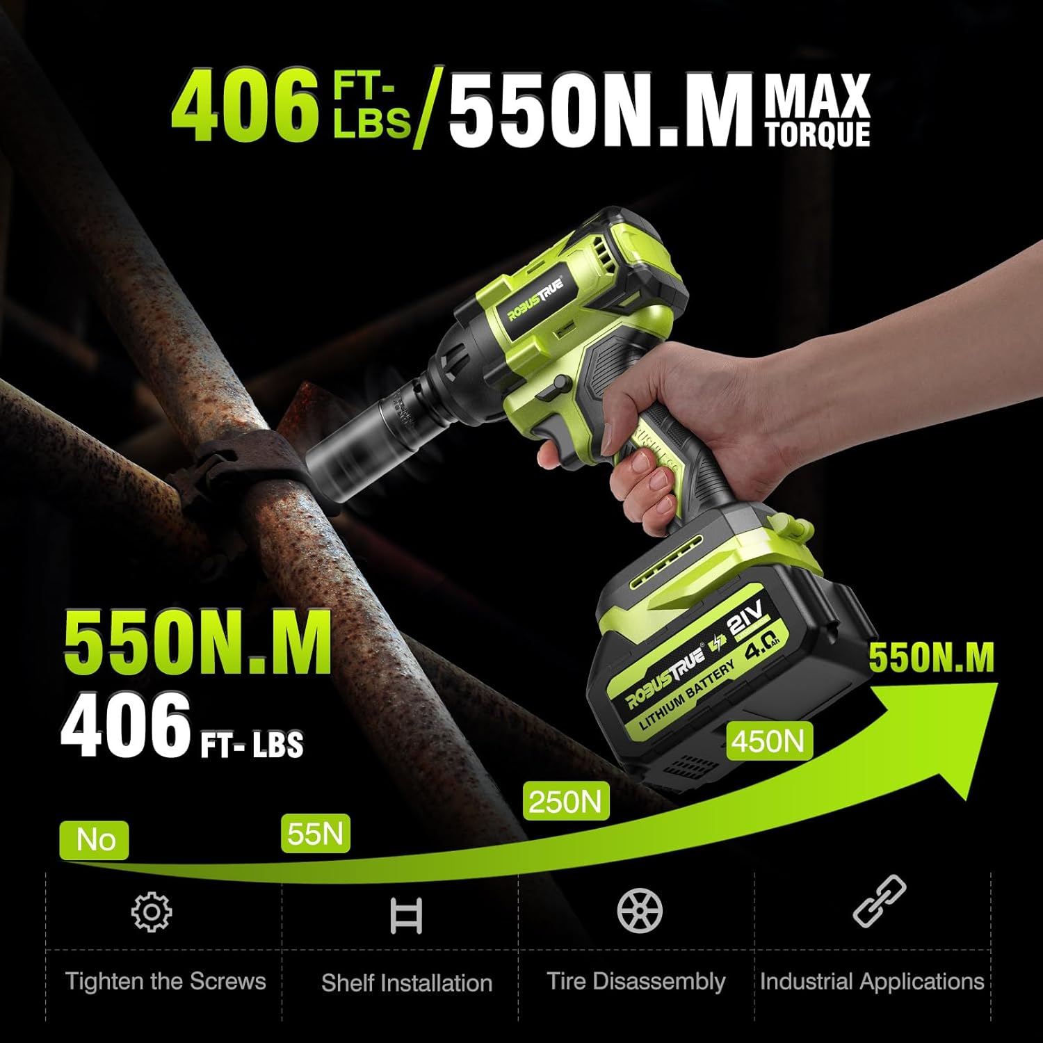 Llave de impacto inalámbrica, 406 pies-libras (550 N.m), llave de impacto sin escobillas de 12 pulgada, pistola de impacto de alto par de 2800 RPM,