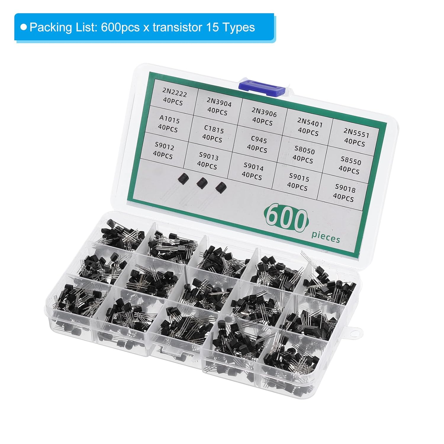 PATIKIL PNP NPN Power Transistor Surtido Kit, 600pcs 15 Tipos 3 Pin Componente Electrónico para Aplicaciones de Conmutación de Uso General