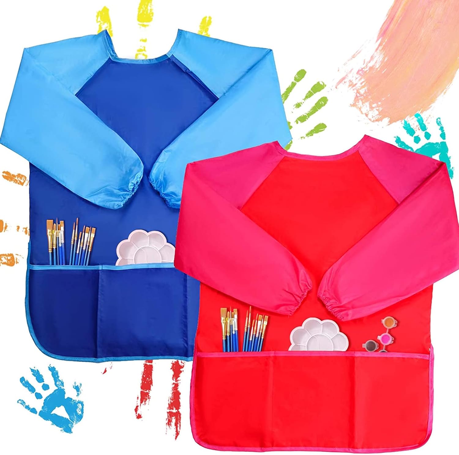 Delantales de pintura para niños, delantales de pintura de artista, manga larga, delantal de pintura para niños pequeños con 3 bolsillos,