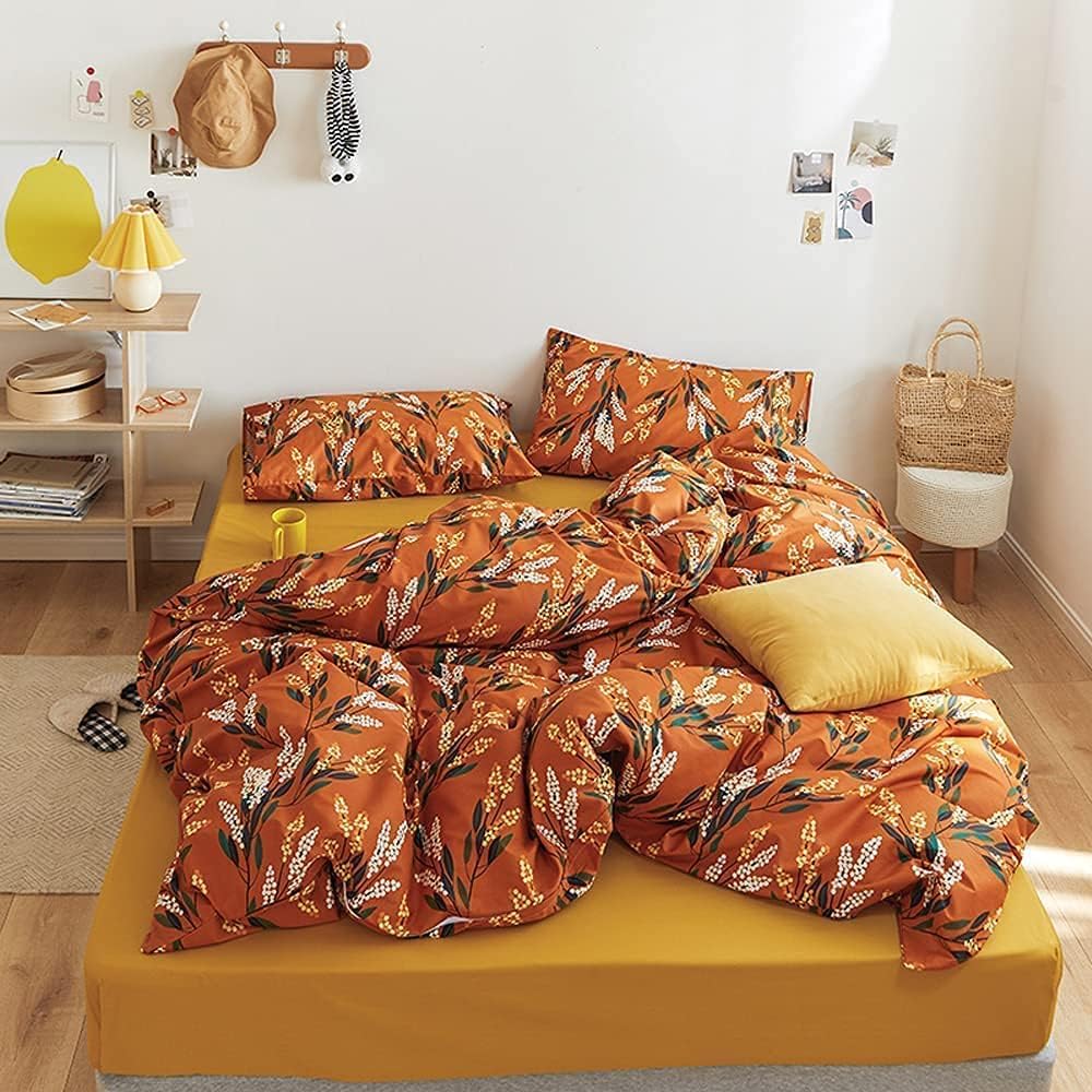 Wellboo – Juego de edredón floral bohemio, tamaño Queen, ropa de cama botánica de calabaza, edredones de algodón para mujeres y niñas, manta