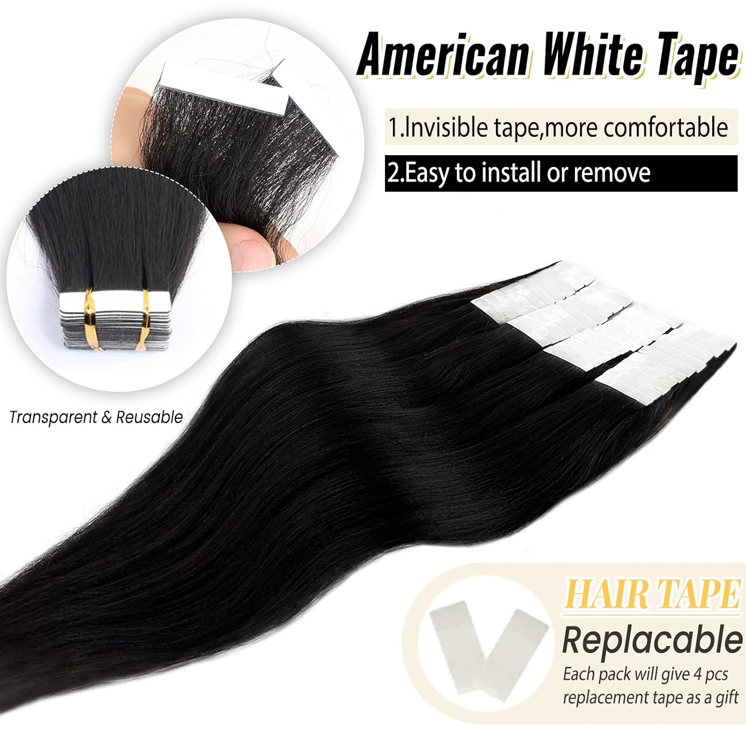 Yaki – Extensiones de cabello humano con cinta adhesiva para mujeres negras, 3.53 onzas, 40 unidades, color negro natural, extensiones de cabello