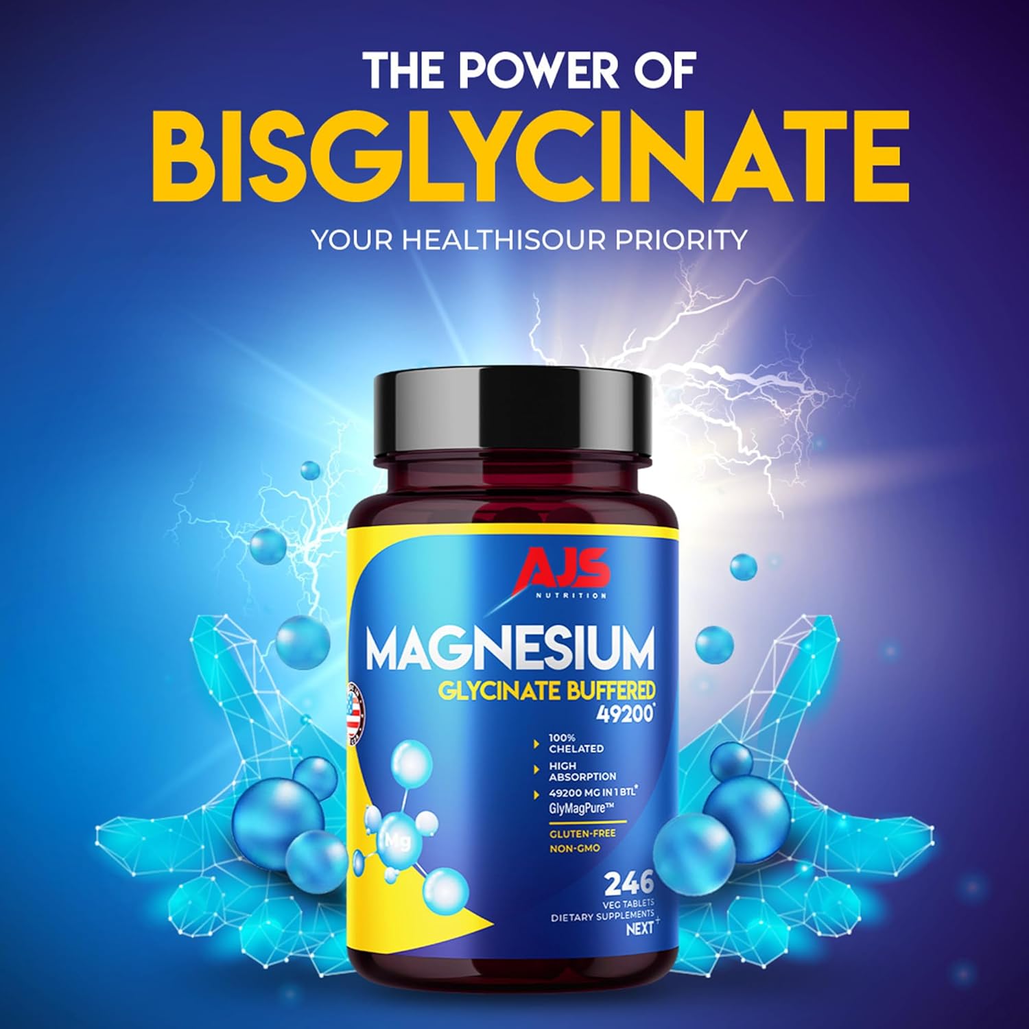 AJS Suplemento de glicinato de magnesio  Tabletas de magnesio  Sin gluten y sin OMG  Suplemento dietético de magnesio con revestimiento orgánico