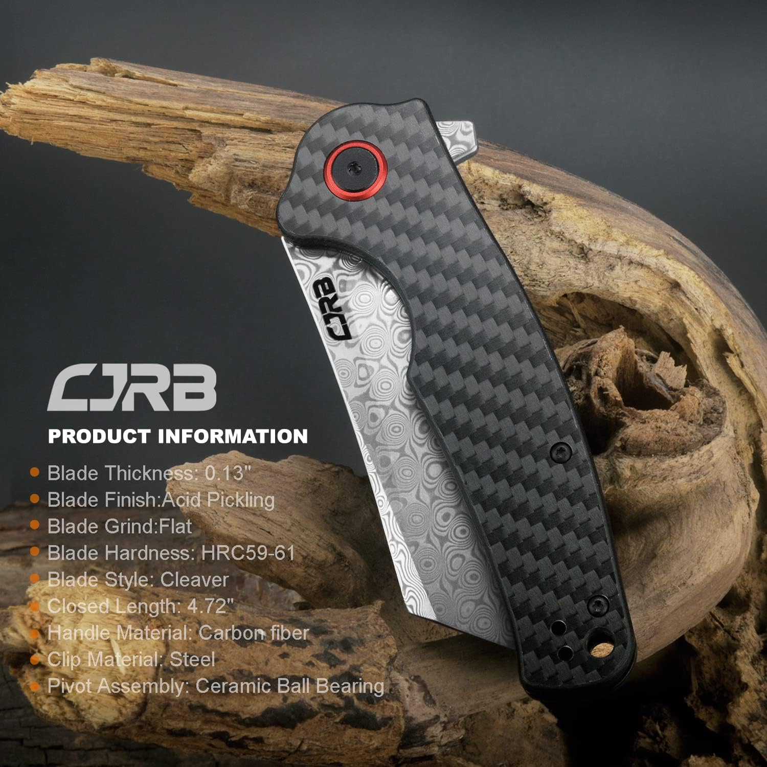 CJRB CUTLERY Cuchillo plegable Crag (J1904) Rose Damasco Hoja de acero Mango de fibra de carbono Cuchillo de bolsillo EDC