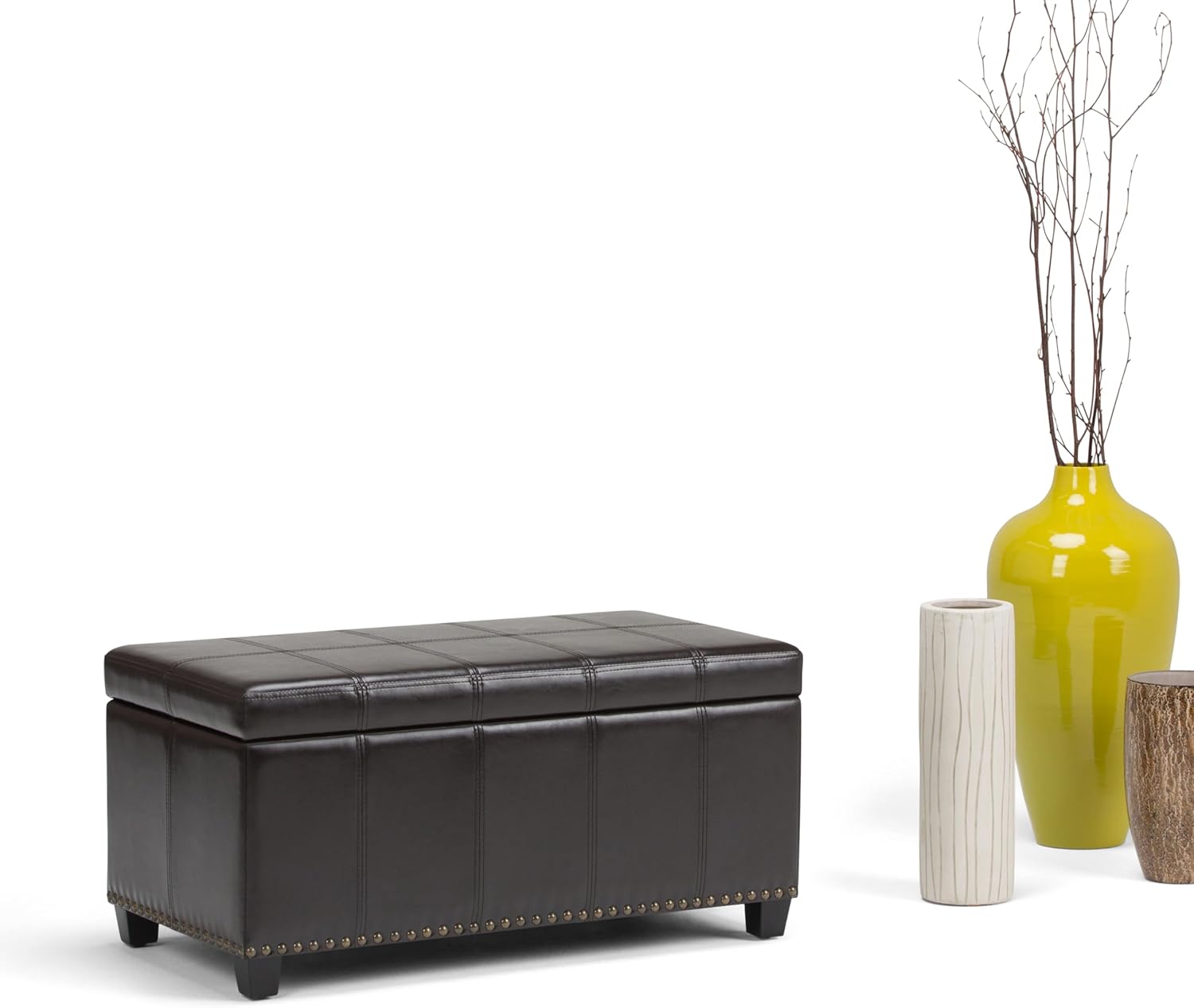 SIMPLIHOME Amelia – Banco otomano rectangular de transición de 33 pulgadas de ancho en curtidores, piel sintética vegana marrón, para sala de estar,
