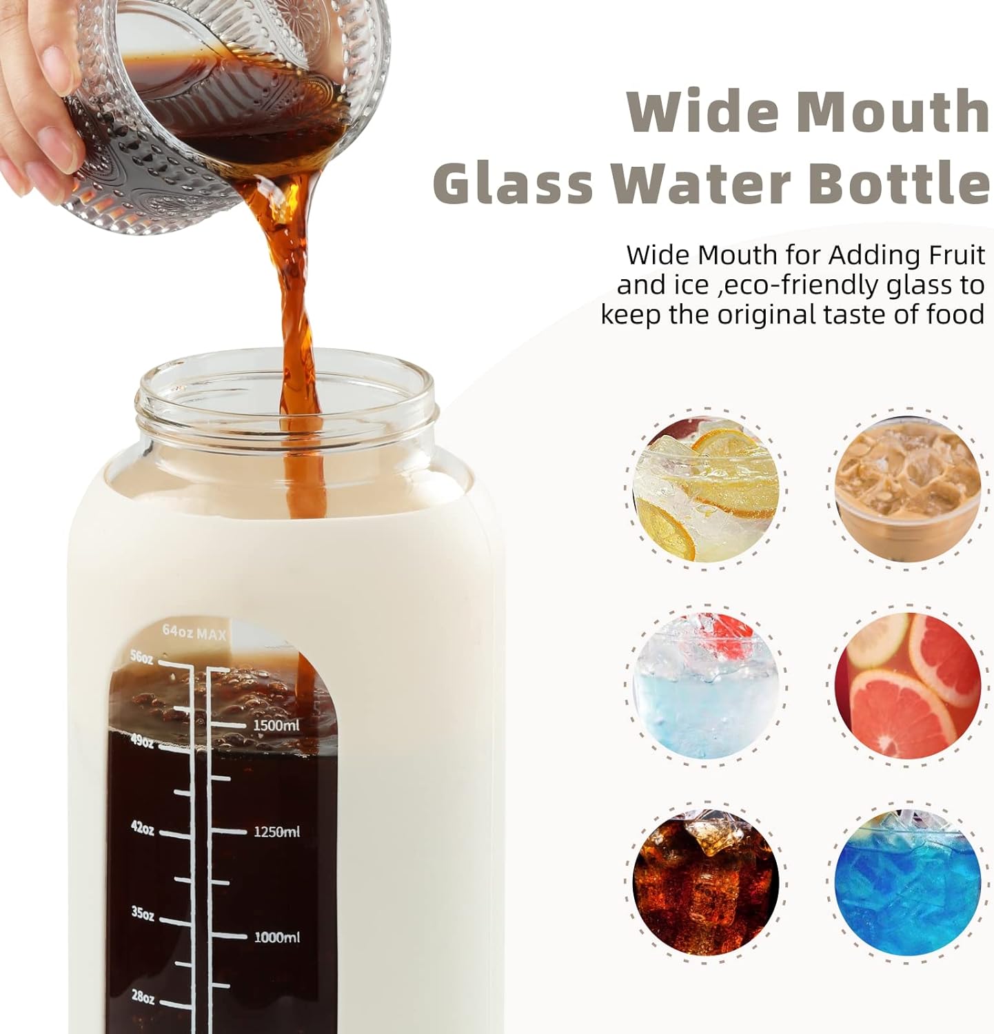 SIEROZUR Botella de agua de vidrio de 74 onzas con pajilla, botella de agua motivacional de 2.2 litros con asa y marcador de tiempo, jarra de agua