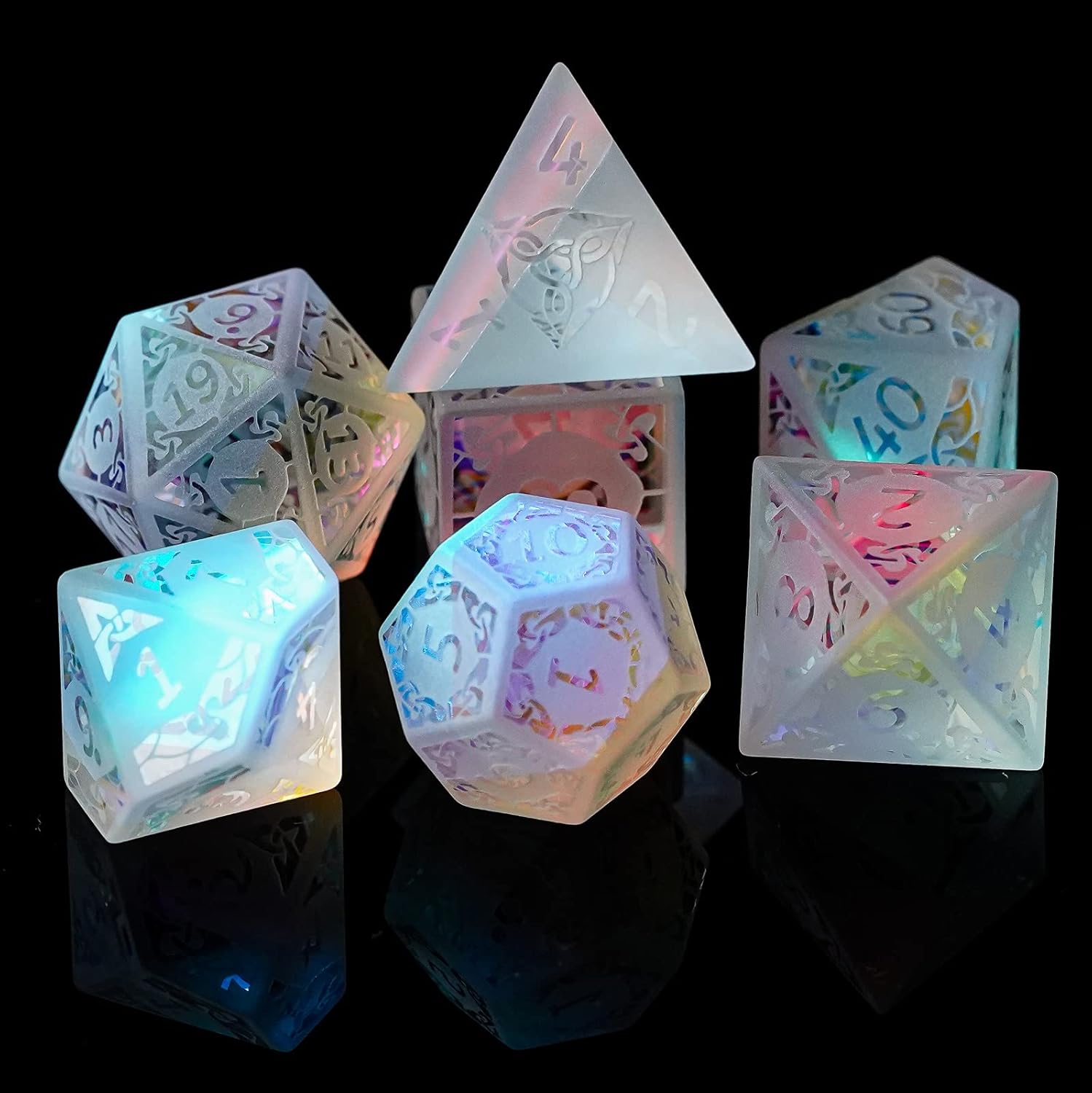 UDIXI Juego de dados DND de vidrio prisma, 7 piezas de dados de vidrio esmerilado D y D para juegos de mesa de Calabozos y Dragones D&D (vidrio de