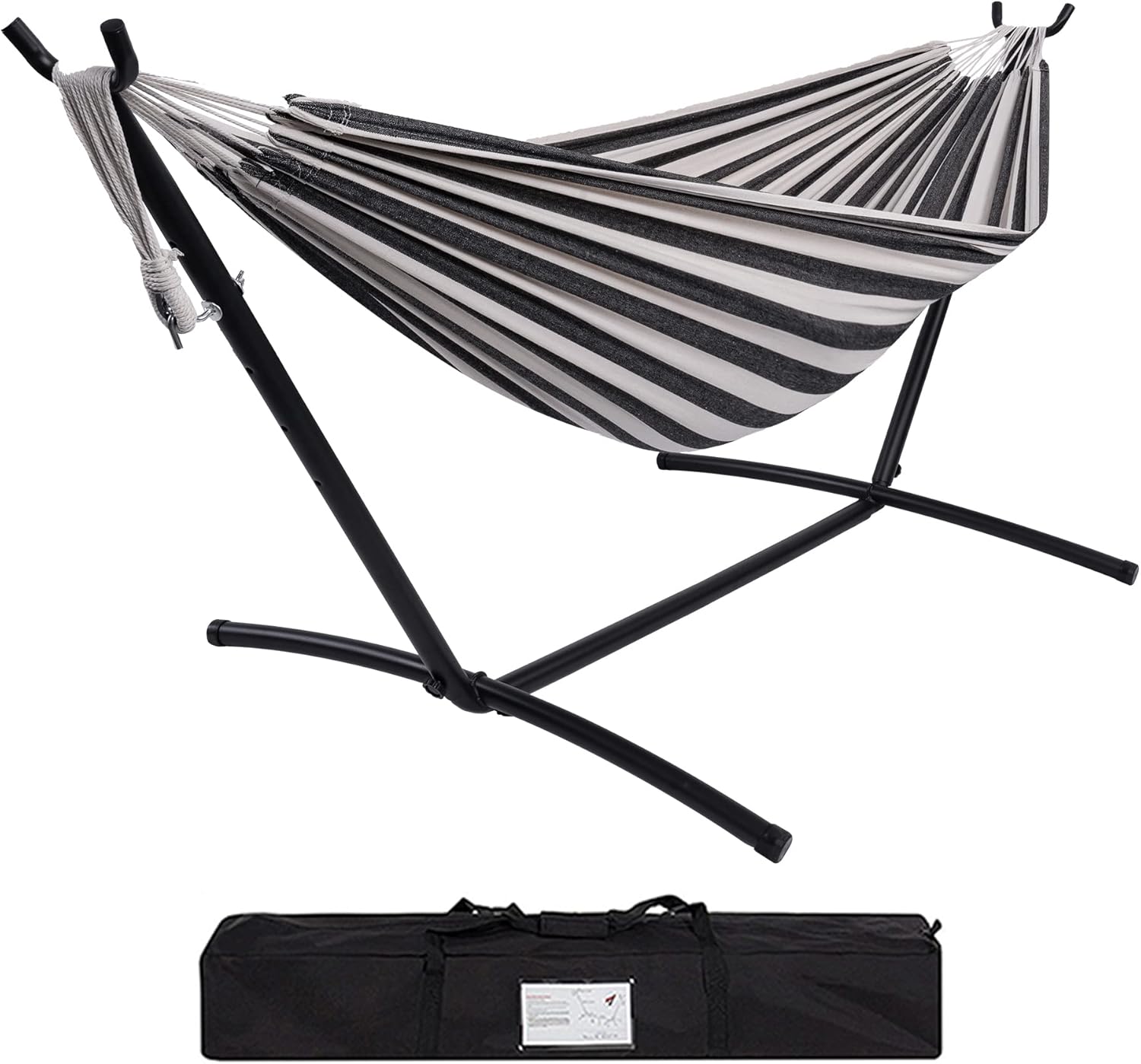 Prime Garden Hamaca con soporte para exterior, soporte de acero resistente que ahorra espacio con capacidad de 450 libras, hamaca doble con bolsa de