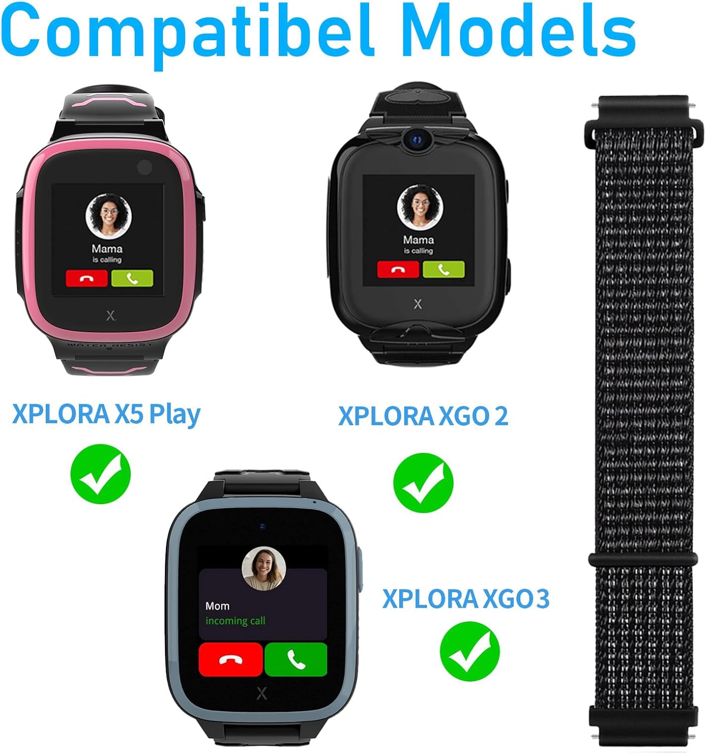 Correa de nailon de repuesto para niños compatible con Xplora X5  XGO 2XGO 3, correas de reloj de velcro diseñadas especialmente para niños y niñas,