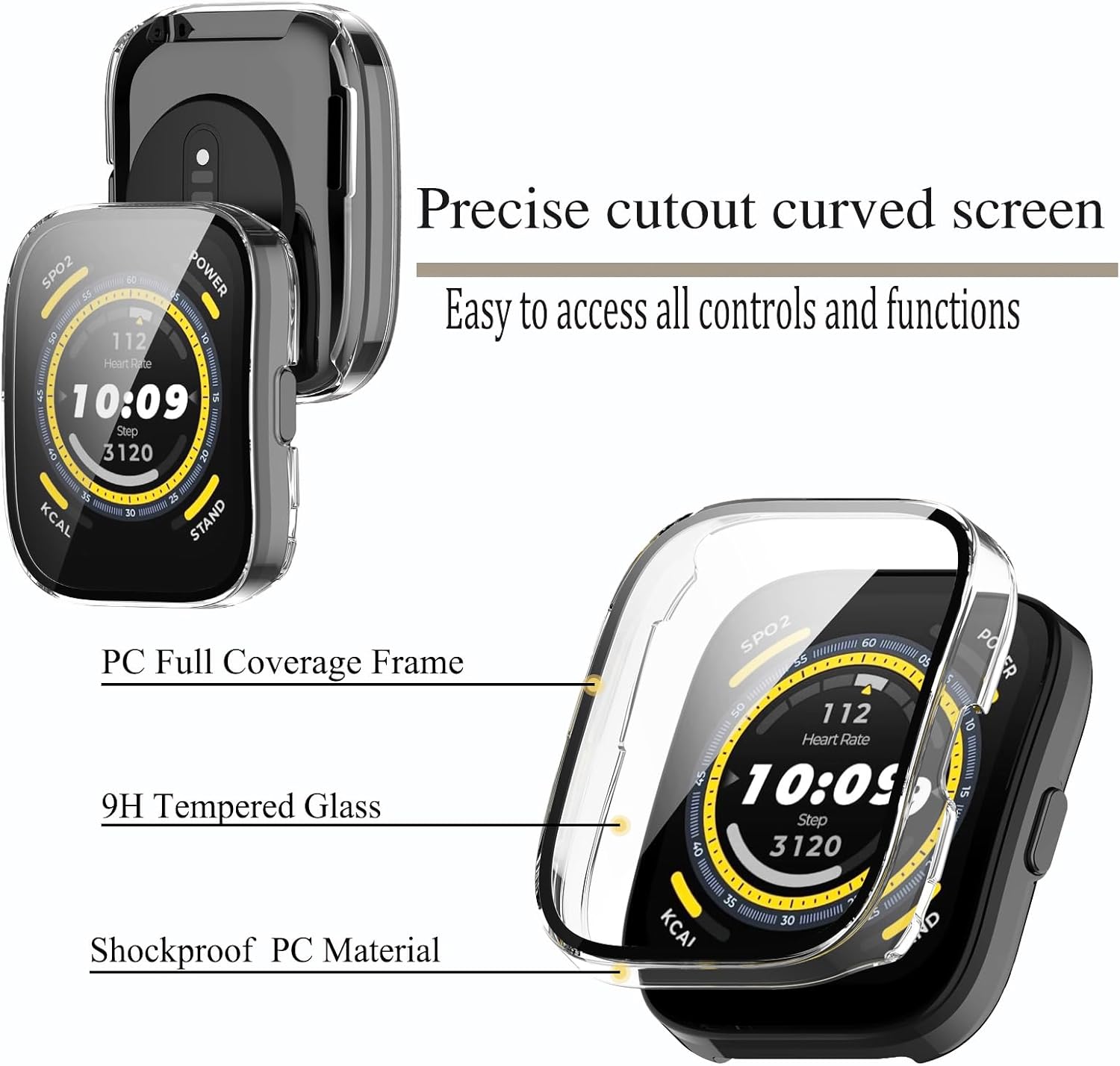 Qaerre Paquete de 5 Funda protectora de pantalla con vidrio templado compatible con reloj inteligente Amafit Bip 5, carcasa rígida de policarbonato