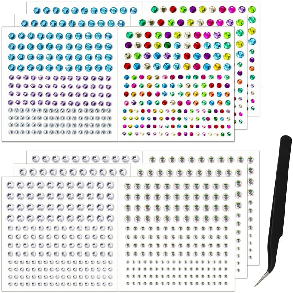 2064 calcomanías de diamantes de imitación, autoadhesivas, 4 colores, 12 hojas de diamantes de imitación para el cabello para hacer manualidades