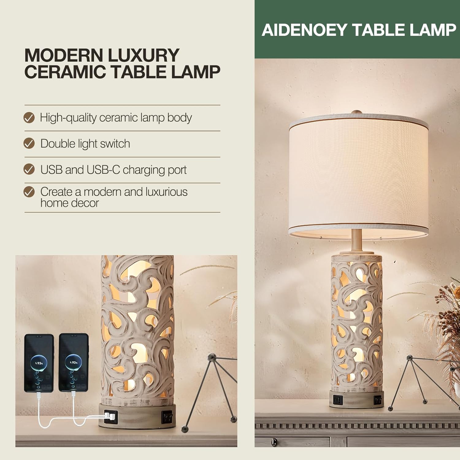 AIDENOEY Juego de 2 lámparas de mesa con luz nocturna, lámpara de mesa de granja de 28 pulgadas con puertos USB A+C, lámpara de noche de cerámica