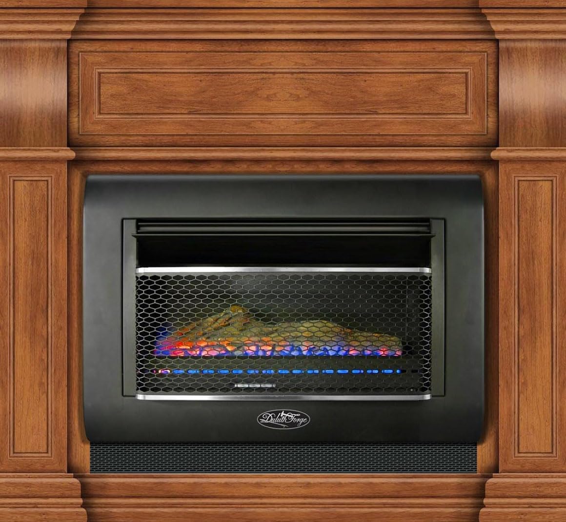 Duluth Forge Sistema de chimenea de gas sin ventilación de combustible dual con manto, control de termostato, 1 troncos de fuego, uso con gas