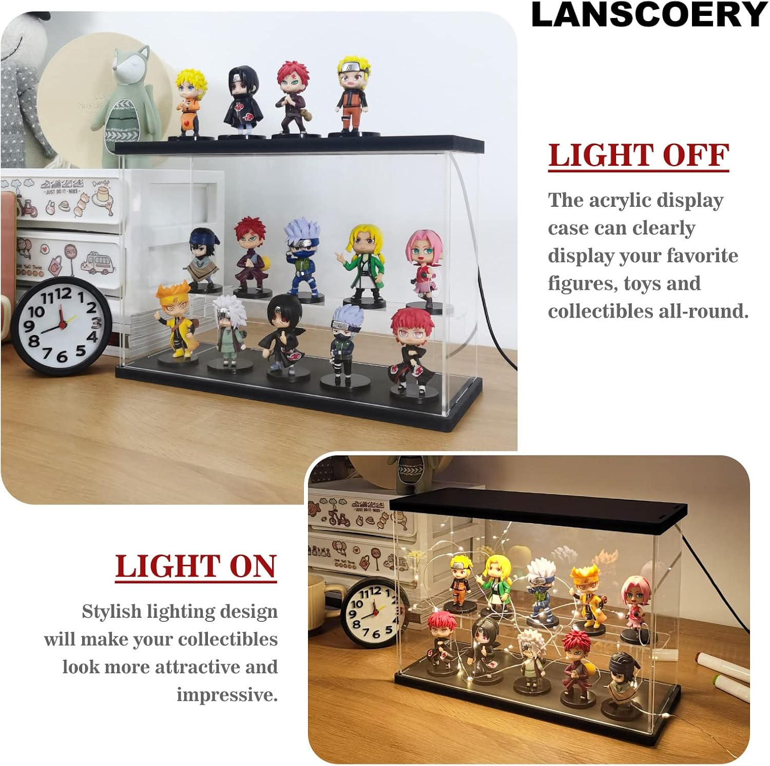 LANSCOERY Vitrina de acrílico transparente con luz, soporte de 2 niveles con base negra, escaparate de protección a prueba de polvo para figuras