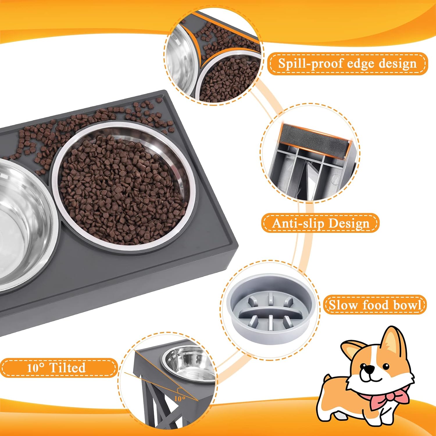 Soporte para cuenco para perros con alfombrilla de 3 alturas ajustables, cuencos elevados inclinados en 10 con 1 tazón de alimentación lenta para