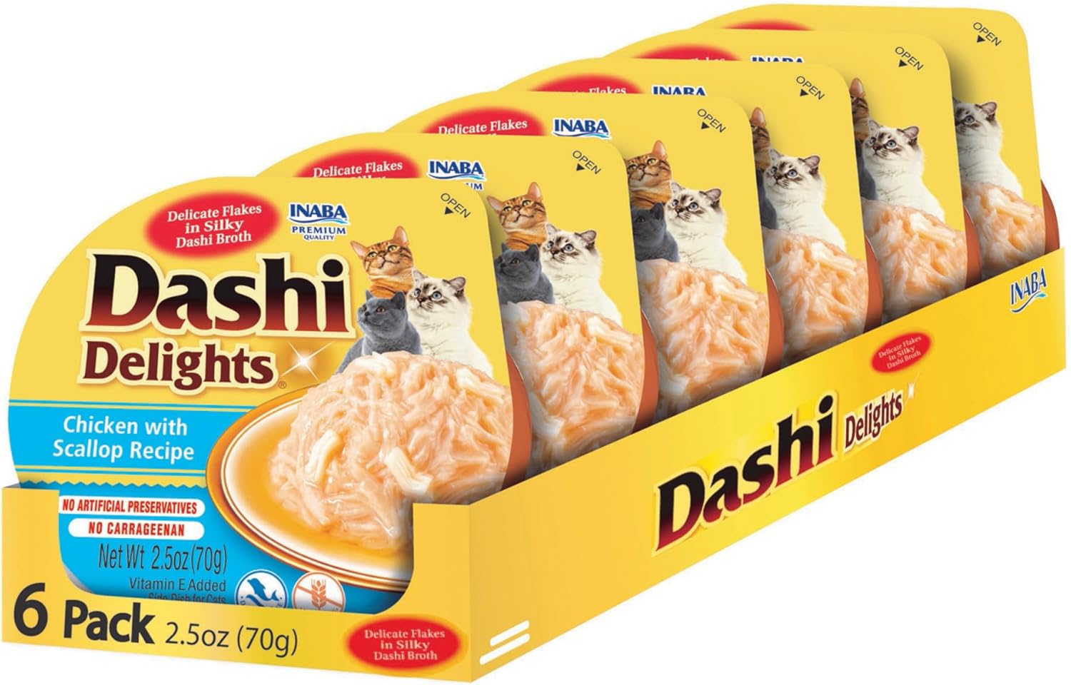 INABA Dashi Delights para gatos, pollo rallado con caldo de hojuelas Bonito, taza de 2.5 onzas, 6 tazas en total, receta de pollo con vieira