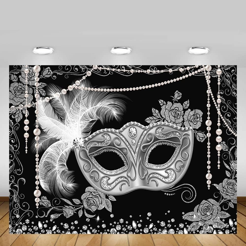 MEHOFOND Telón de fondo de bola de máscaras, color negro, plateado para fiesta de máscaras, fondo para fotografía, Mardi Gras, carnaval, disfraces,