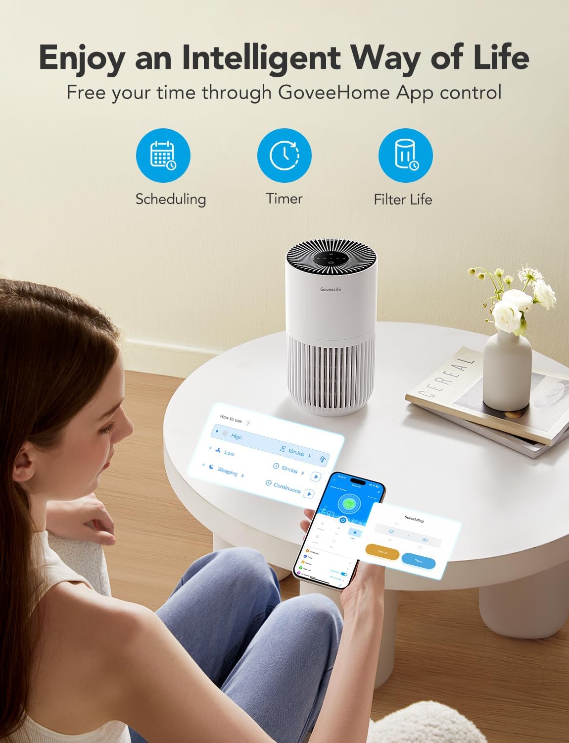 GoveeLife Mini purificador de aire para dormitorio, filtro inteligente HEPA purificador de aire con aplicación Alexa Control para pelo de mascotas,