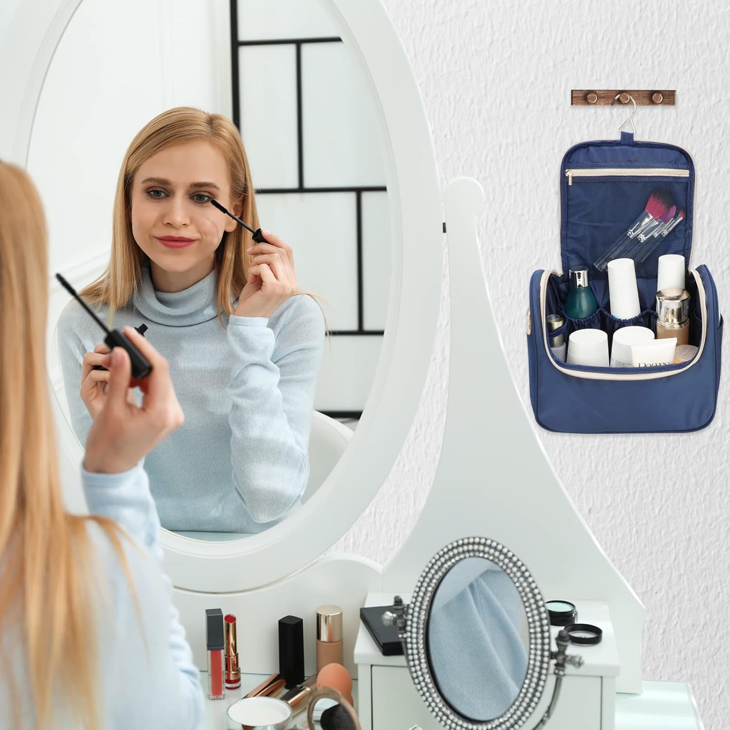 CCidea Bolsa de maquillaje para mujer, bolsa de aseo de viaje grande mejorada para niñas, organizador de maquillaje reutilizable (azul marino)